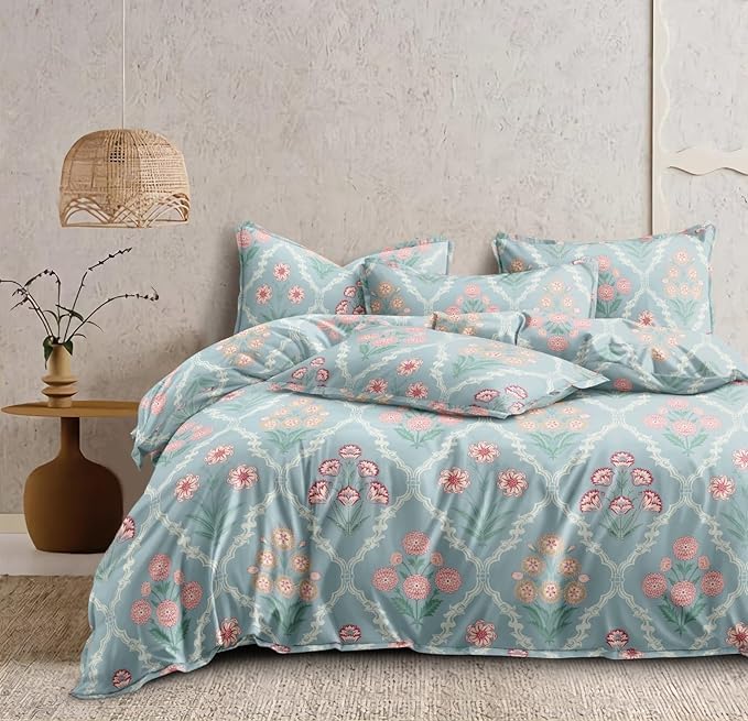 Image of DECOR2ADMIRE Super King Size Premium Bedsheet 108 x 108 Inches | 300 Thread Count | Glace Cotton | with 2 Pillow Covers | Abstract Prints | (Aqua Bloom)