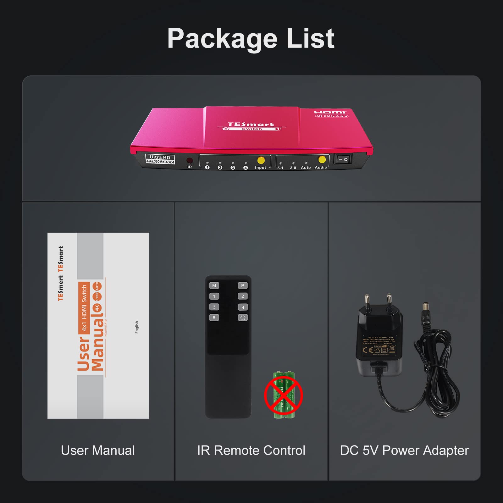 TESmart HDMI Switch 4K 60Hz HDMI Switcher HDR 4 Entradas 1 Salida HDMI Splitter con Mando a Distancia IR Contral&2.0/5.1 Salida de Audio Compatible con Full HD HD1080P 3D Dolby Vision