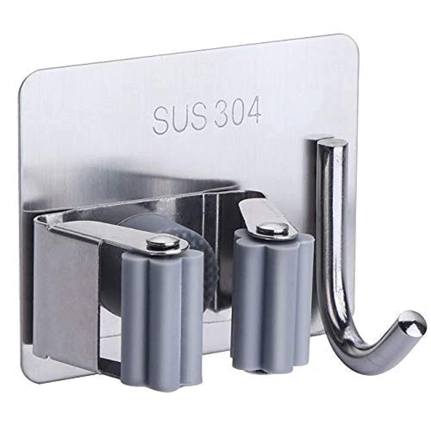 JIALTO Adhesive Mop Holder and Broom Holder Wall Mounted Steel | Broom Stick Holder Wall Mounted for Home No Drilling (Sliver - 2)