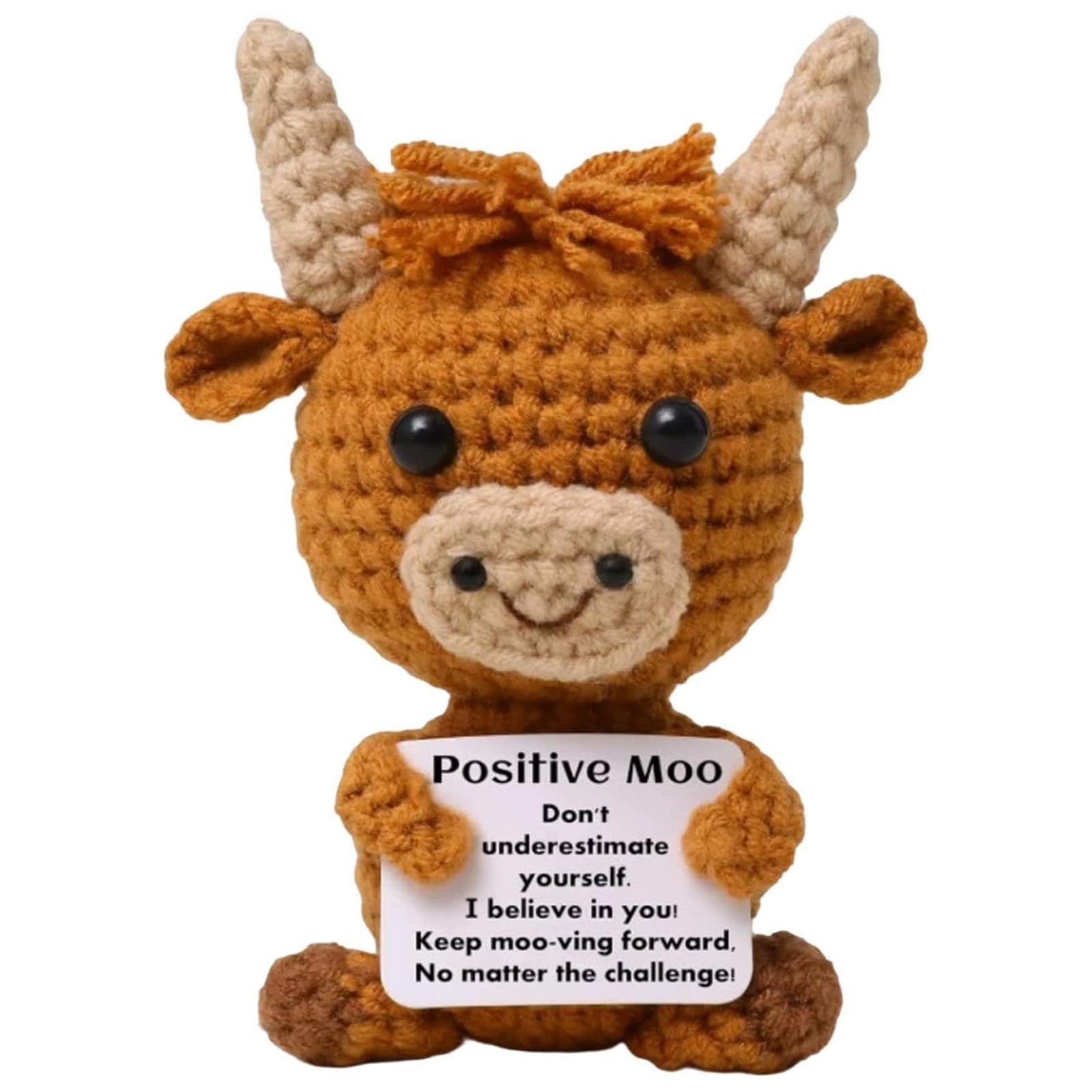ASREJUR Knitted Highland Cow Gifts,Mini Funny Positive Crochet Animals with Inspirational Card,Cute Highlander Cow Plush Toy,Emotional Support Gift for Present for Birthday, Keepsake, Friends
