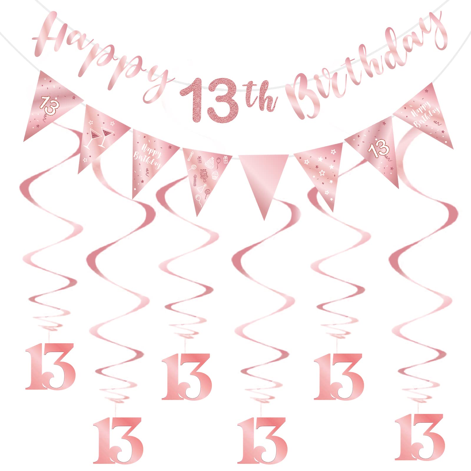 13. Geburtstag Deko-Set Für Mädchen - Banner, Wimpelkette, Wirbel In Rose Gold