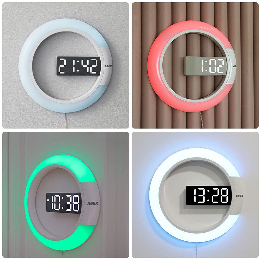 Grande orologio da parete digitale a LED, sveglia da parete rotonda da 12 pollici con telecomando Luce notturna RGB Temperatura per soggiorno, camera da letto, casa, ufficio