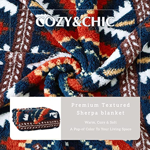 CASAAGUSTO Boho Sherpa Throw Blanket, Aztec Throw, Ultra Soft, Warm, Cozy, Plush, Thick Fleece Bohemian Throw Blanket for Couch, Bed, Sofa (Navy Blue 50 * 60 Inch)