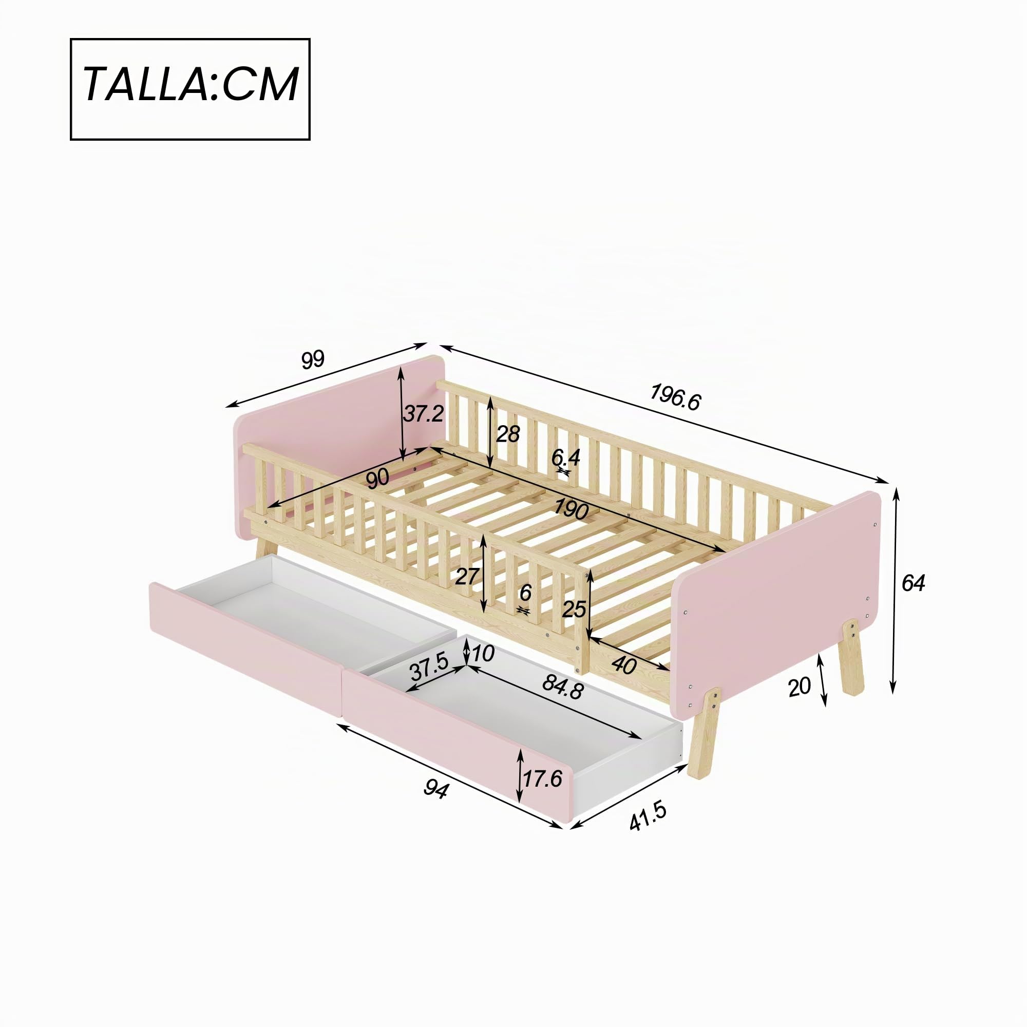 Azkoeesy Cama Infantil 90 x 190 cm con 2 cajones, con somier y Barrera anticaídas, máx. 150 kg (Rosa)