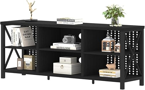 Miniatura 17 de LVB Centro de entretenimiento rústico para TV de 65 pulgadas, soporte de TV industrial de madera y metal con estante de almacenamiento, mesa consola