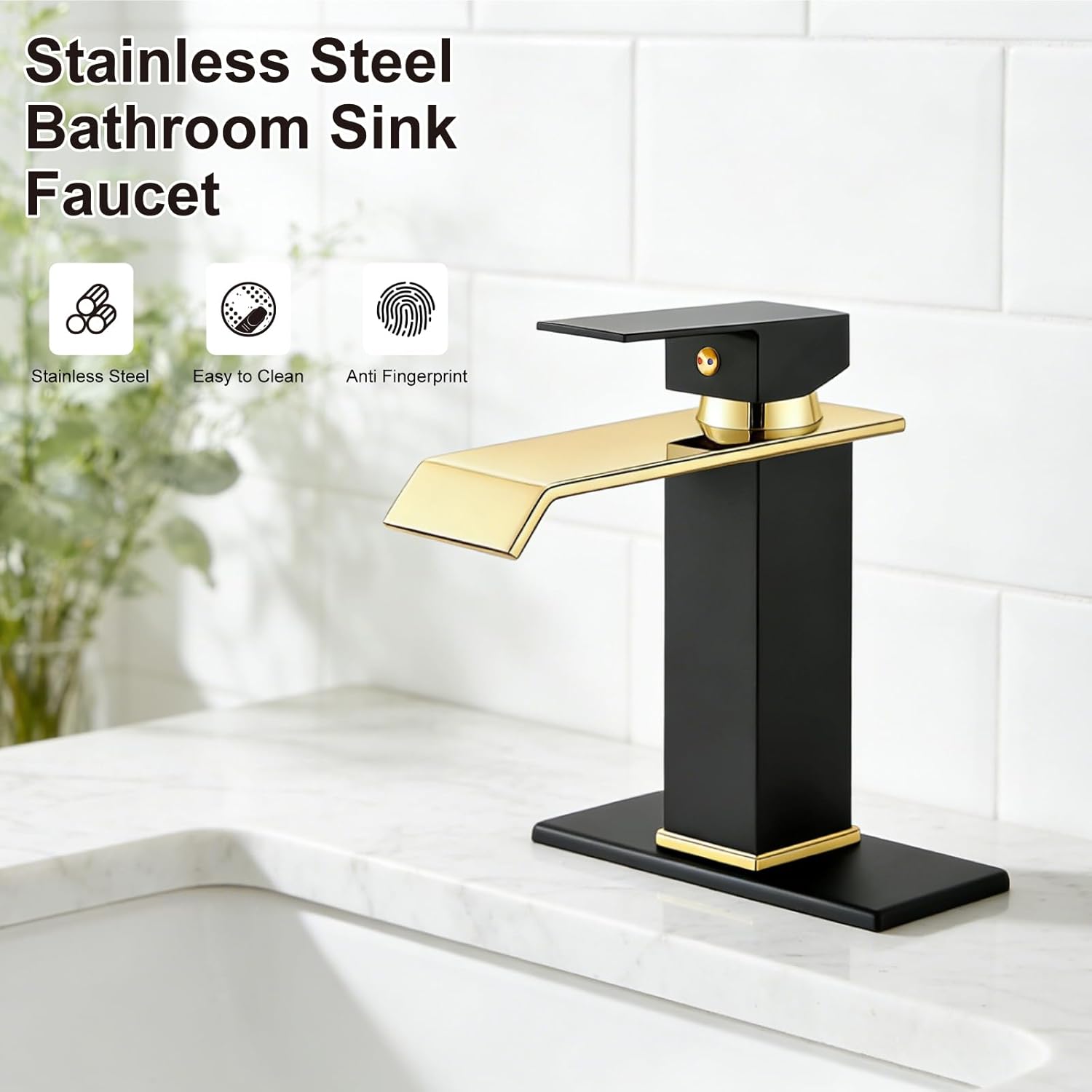 Midanya Waterfall Bathroom Faucets, Single Handle 1 Hole Bathroom Sink Faucet Modern RV Vanity Restroom Lavatory Basin Faucet with Pop Up Drain and Water Supply Lines,Matte Black and Shiny Gold