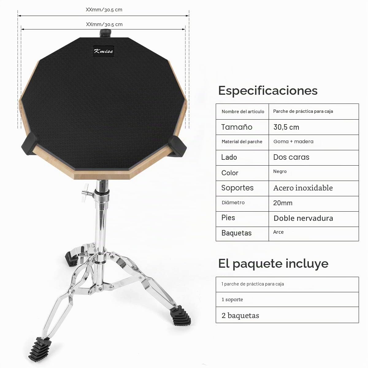 Kmise - Kit de entrenamiento de batería con soporte de caja y palillos (30,5 cm, silencio de doble cara, con soporte y palillos