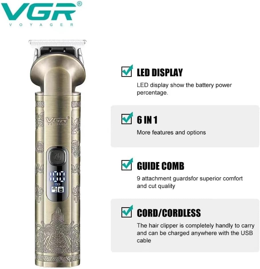 Close-up of the VGR V-109 trimmer showing the LED display and features like 6-in-1 functionality, guide combs, and cord/cordless operation.