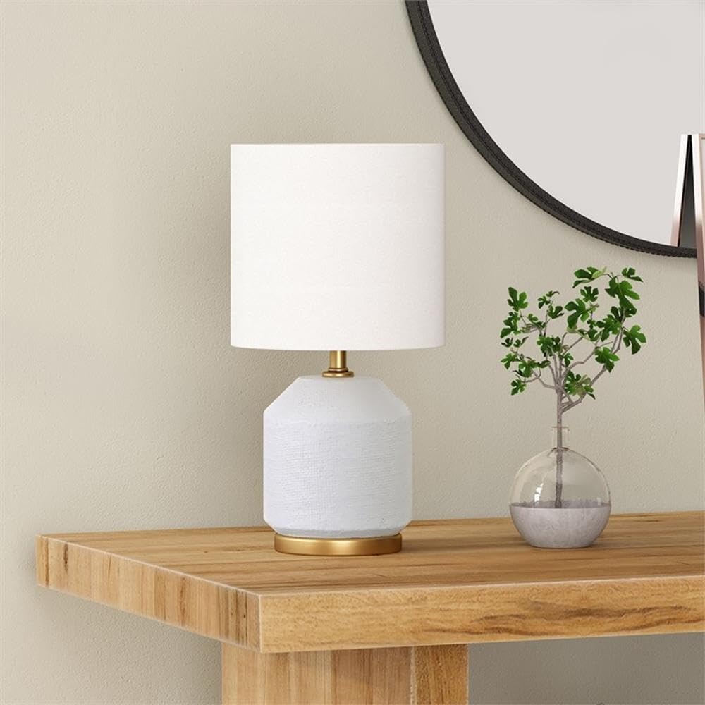 Pemberly Row Mini Table Lamp, 5.5" Ceramic Base with Metal Accent, Matte White and Antiqued Brass Finish, White Linen Shade, Modern Design for Bedside, Living Room, or Workspace Lighting