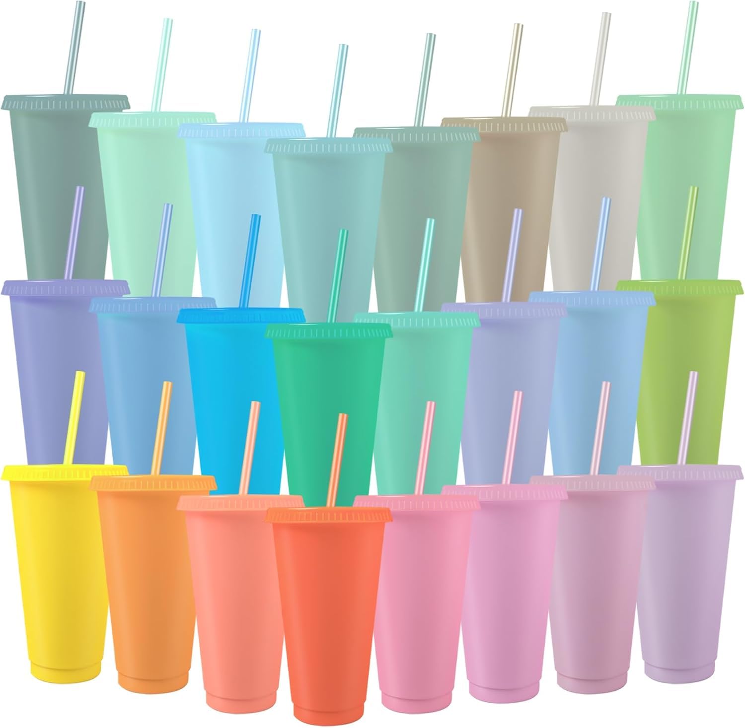Lot de 24 gobelets réutilisables avec couvercles en vrac - 710 ml - Gobelets colorés pour café glacé - Tasse de voyage pour smoothie, jus de fruits, anniversaire, soirée pyjama pour filles