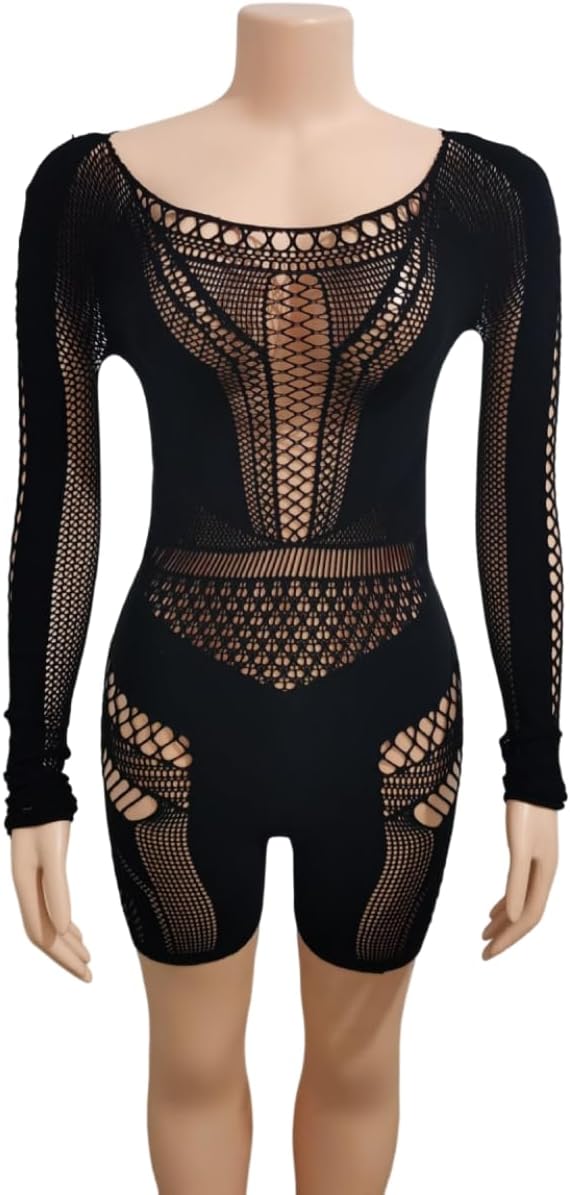Women's Sexy Long Sleeve See Through Hollow Out Sheer Ultra Stretchy Mesh Bodysuit - Image 6