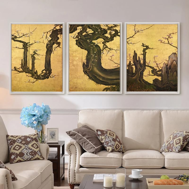 Asian Japanese triptych poster Kano Sansetsu Old Plum Blossom multi panel wall art A3