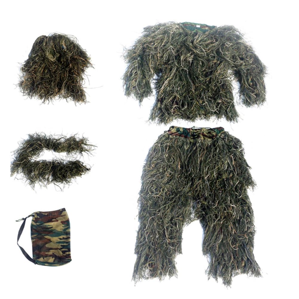 3D Ghillie Tarnanzug Camouflage Anzug 4-teilige Set mit Tasche Jagdbekleidung Woodland Tarnkleidung Scharfschützenanzug für Jagd Verdeckt Fotografie Halloween Hoax