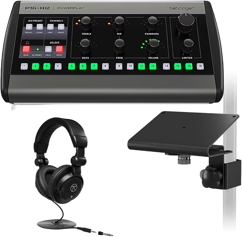 P16-HQ POWERPLAY 16-Channel Personal Monitoring Mixer - Bundle with Behringer PowerPlay 16 Mounting Bracket, Turnstile Audio Studio Monitor Headphones