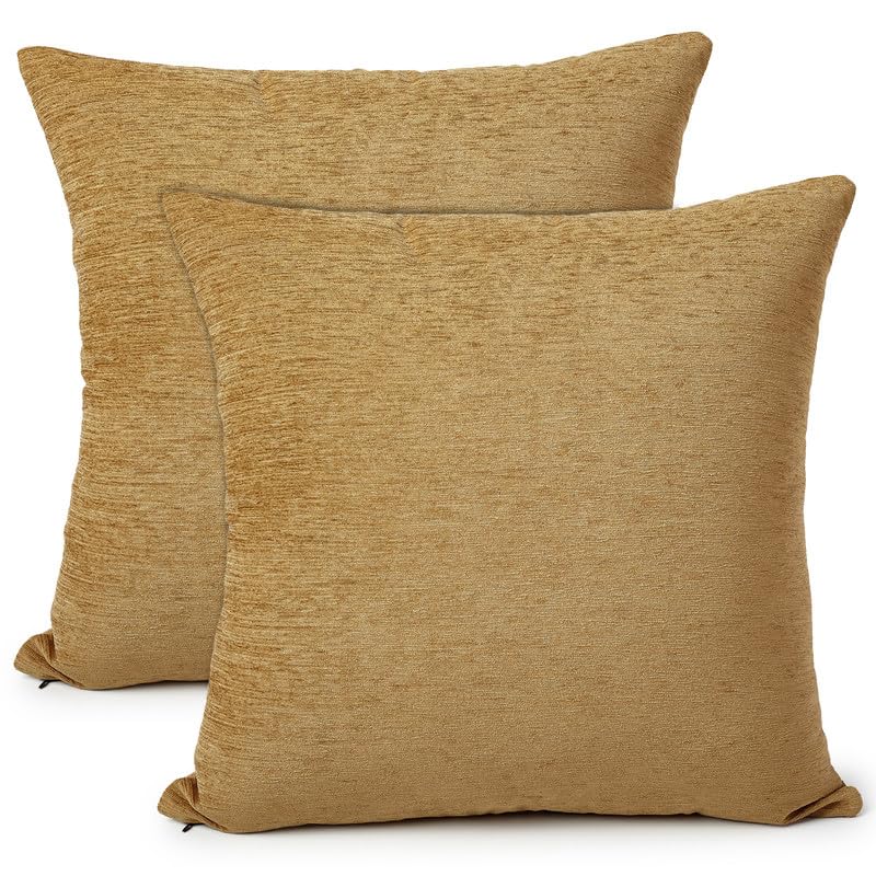 Encasa XOFine Chenille Throw Pillow Covers 2 pcs Set Gold 18x18 in | Textured Solid Colour, Soft & Smooth, Decorative Cushion Cover for Living Room, Couch, Bedroom