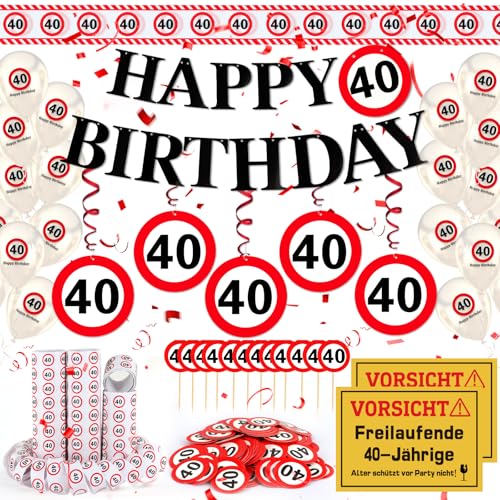 WenmthG 40 Geburtstag Deko Männer Frauen 40. Geburtstag Deko mit Girlande Luftballons Absperrband Luftschlangen Banner Konfetti Tortendeko - Verkehrsschild zum 40 Jahre 40. Geburtstagsdeko