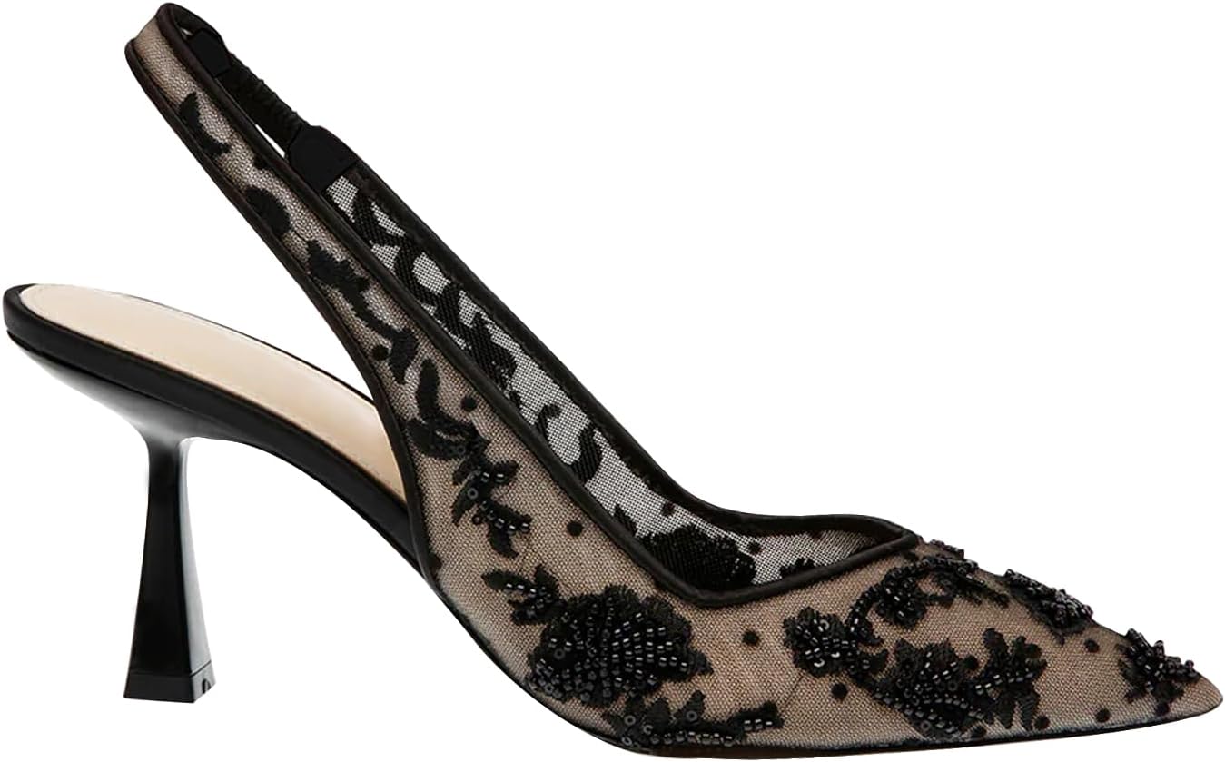 JORISTIMO Womens Slingback Kitten Heels Mesh with Beads and Sequins Embroidered Closed Pointed Toe Slip On Pumps - Image 5