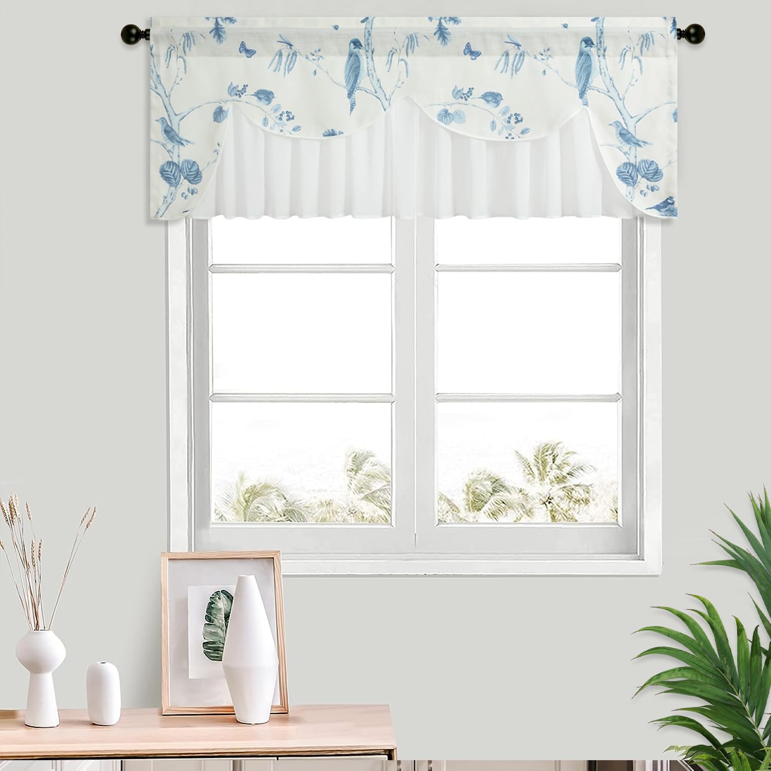 Leeva Blue Bird Printing Double Layered Valances for Kitchen Windows, Rod Pocket Light Filtering Privacy Short Wavy Scalloped Valance for Bathroom, 1 Panel, 52 x 18