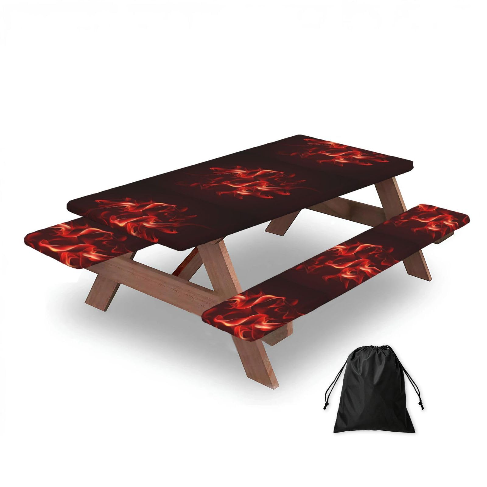 Dopklna As Picture Red Flame, Picnic Table Cover With Bench Covers -Waterproof Elastic Fitted Tablecloth For Garden Camping Patio 76X152cm