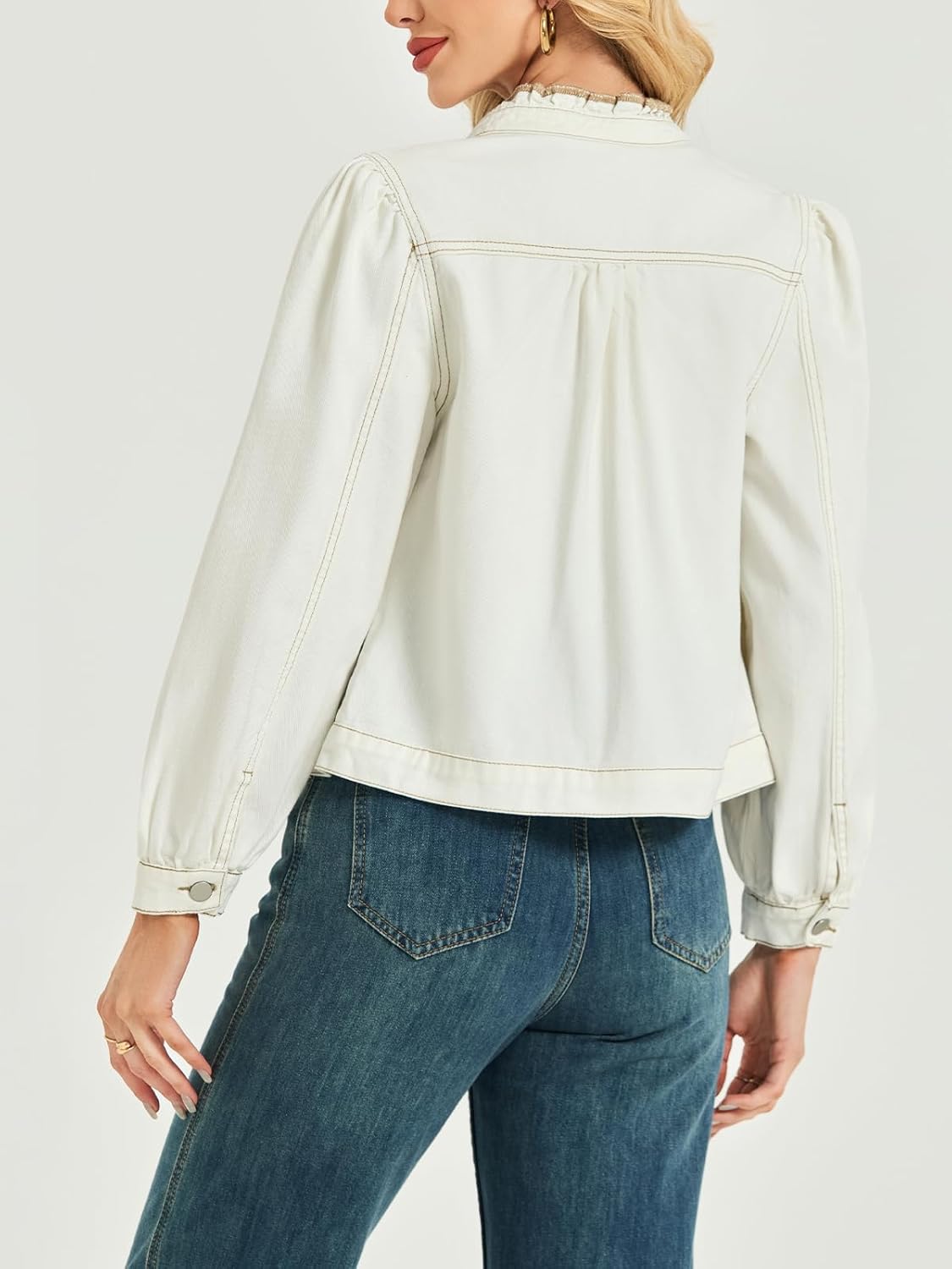 LifeShe Puff Sleeve Denim Jacket for women Ruffle Neck Jean Jacket Trendy 2025 Fall boyfriend Shacket - Image 2