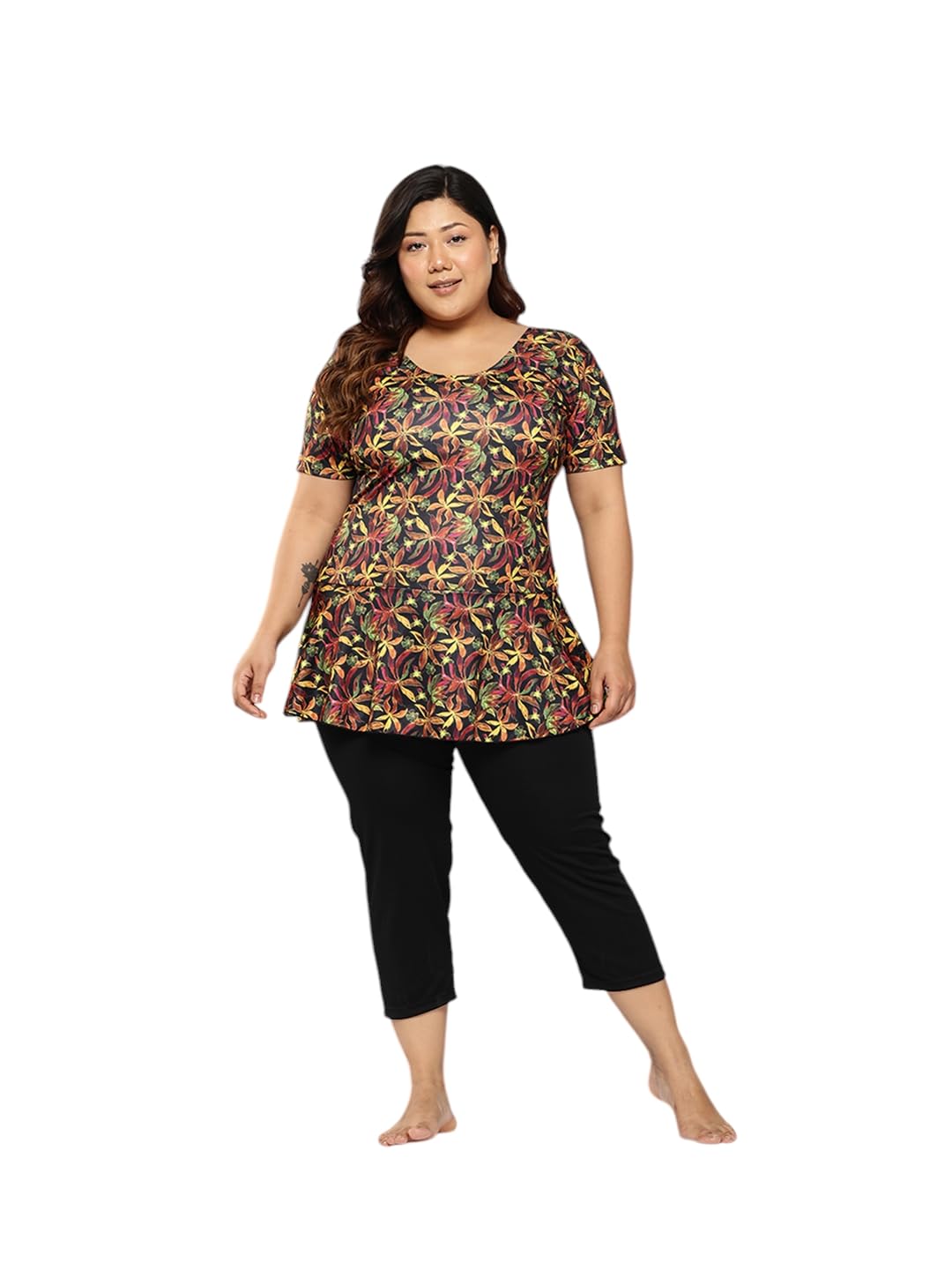 Womens Sports Wear Yellow-Black Colour Floral Print Nylon Plus Size Swim Suit