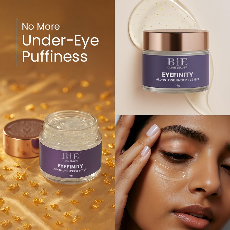 Image of BiE Eyefinity | All In One Eye Gel for Tired Eyes With Ginseng Stem Cells, Silver & Gold Leaf | Instantly Depuffs, Treats Under Eye Dark Circles & Wrinkles | For All Skin Types | Undereye Cooling Gel | Unisex | 15g