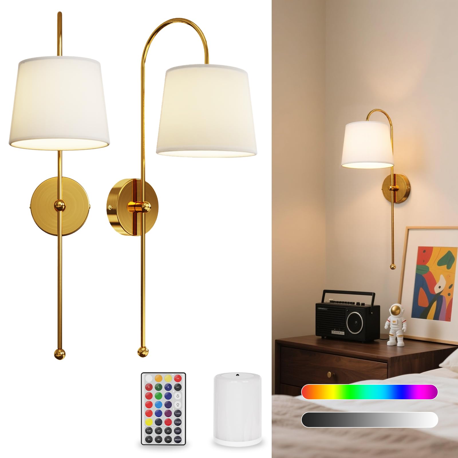 Photo 1 of Battery Operated Wall Sconce Set of 2, Rechargeable Wireless Wall Decor Sconces, Two Battery Powered Wall Lights, Dimmable Magnetic RGB Bulbs & Remote, Lamp for Living Room Bedroom - Gold