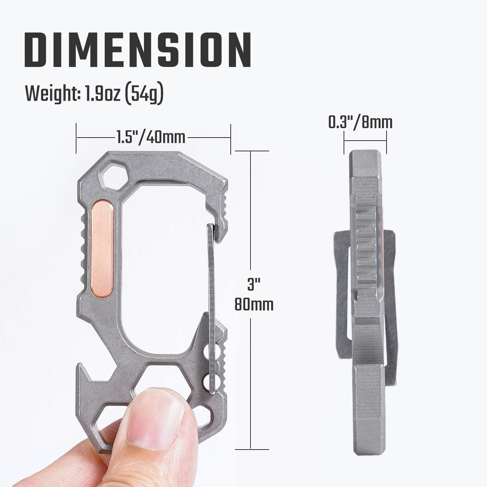 KeyUnity KU01 Karabiner Schlüsselanhänger Taschen-Multitool Titan, Karabiner Clip mit Inbusschlüssel, Bithalter, Flaschenöffner, Multi Schlüsselhalter, multifunktionales EDC Werkzeug für Herren