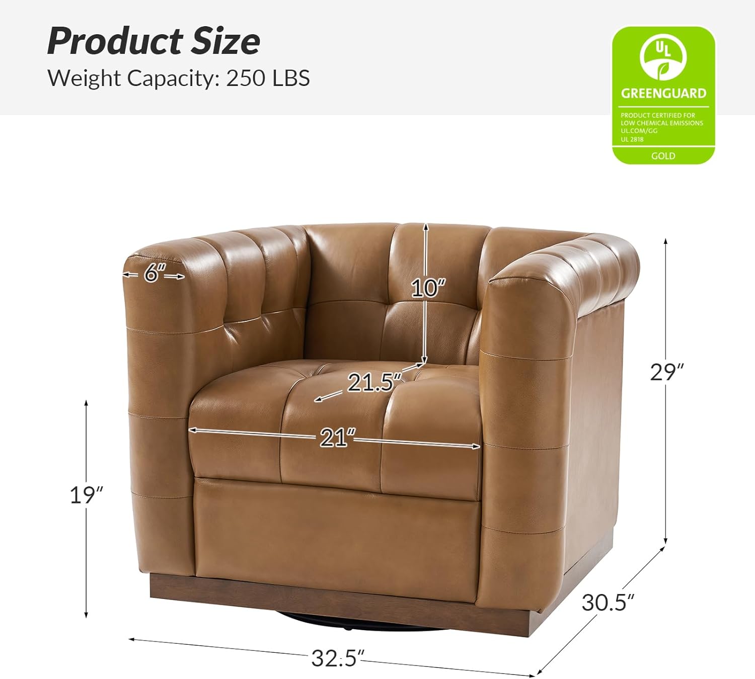 HULALA HOME Genuine Leather Swivel Accent Chairs Set of 2 with Wooden Base, Mid Century Modern Square Accent Chairs for Living Room Bedroom Club, Camel