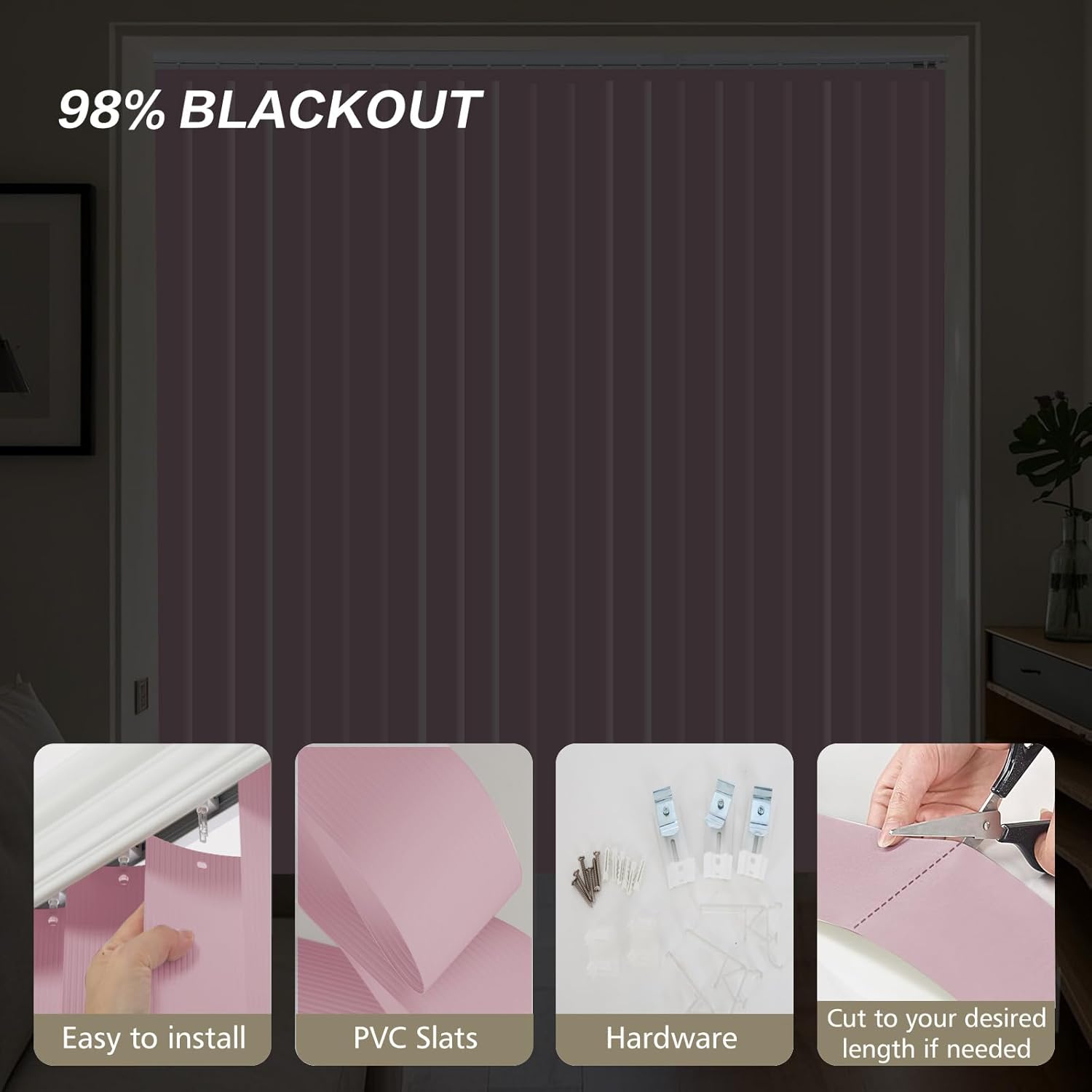 Letau Cordless Custom 98% Blackout PVC Vertical Blinds for Window, Room Divider, Door Blinds, Blinds for Sliding Glass Doors, Temporary Wall, Closet Curtain, Pink