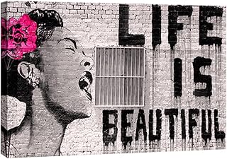Banksy Life is Beautiful Modern Gallery Wrapped Grey Love Abstract Artwork Paintings Pictures Large Giclee Canvas Prints Wall Art Ready to Hang for Living Room Home Office Decor