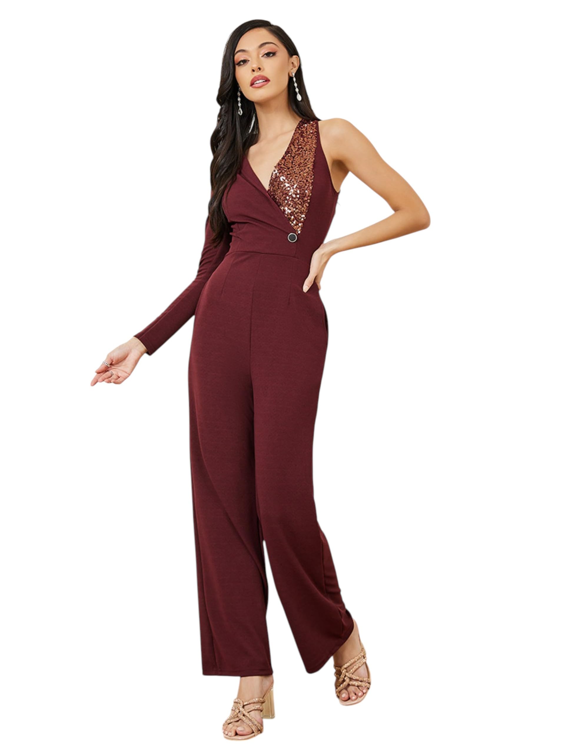 Women's Shawl Collar Polyester Blazer-Styled Slim Fit Regular Jumpsuit-image-2
