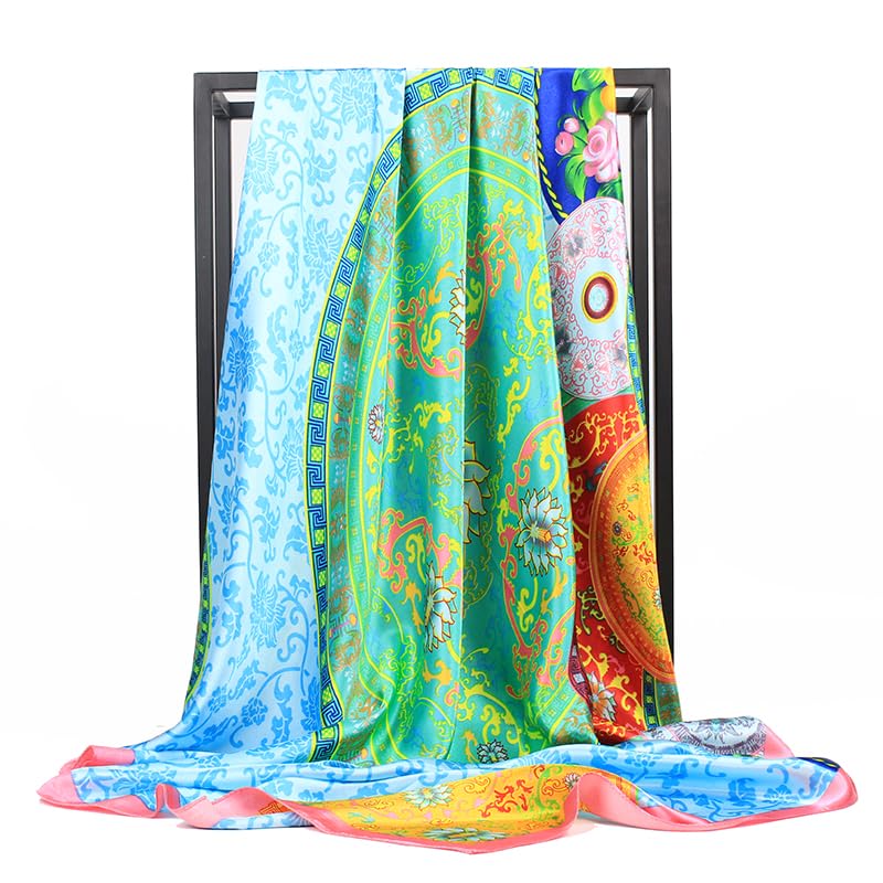 35 inch Silk Like Scarf Women's Fashion Pattern Large Square Satin Headscarf Headdress3