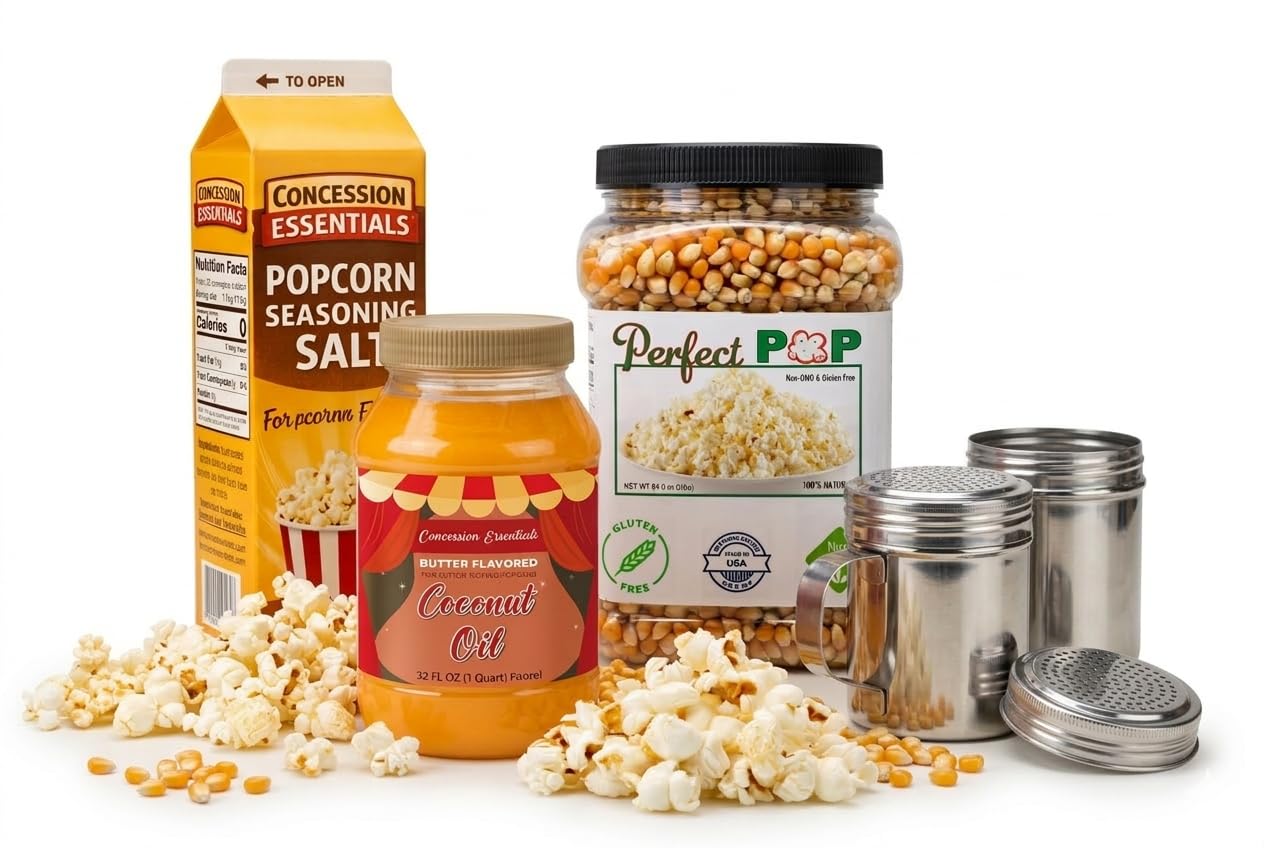 Concession Essentials Kit per popcorn – 1,8 kg di chicchi di popcorn gialli, 32 once di olio di popcorn al cocco, 992 g sale per popcorn e shaker in acciaio inox – Kit per popcorn in stile cinema