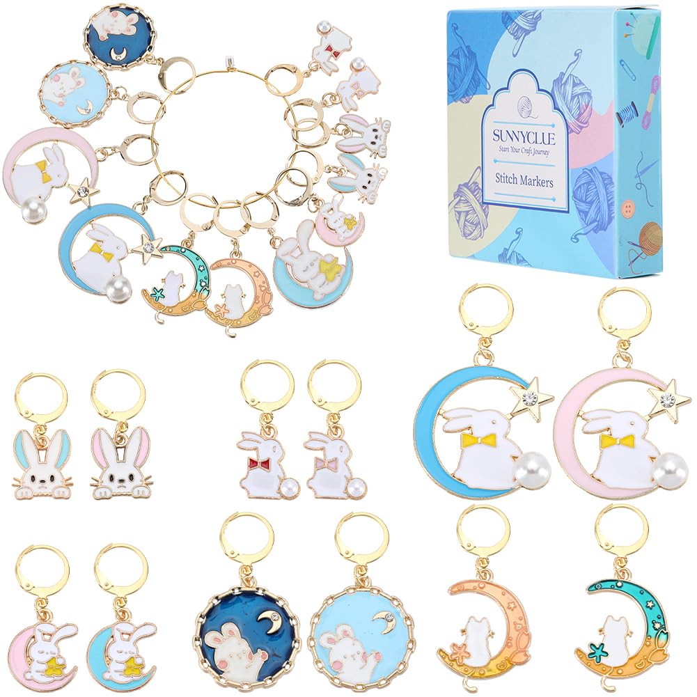 SUNNYCLUE 1 Box 24Pcs 12 Styles Rabbit Clasp Charms Animal Stitch Markers Bulk Metal Alloy Enamel Bunny Moon Star Pearl Crochet Hoop Locking Marker for Knitting Weaving Quilting jewellery DIY Crafts