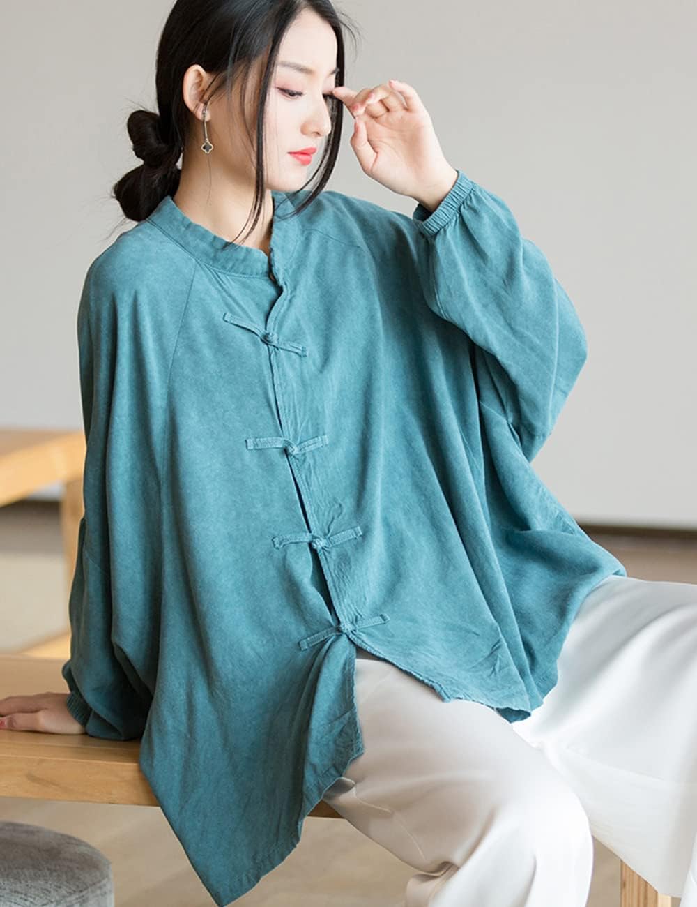 NFYM Women's Retro Button Down Shirts Open Front Long Sleeve Chinese Style Loose Fit Tang Suit Blouse Tops