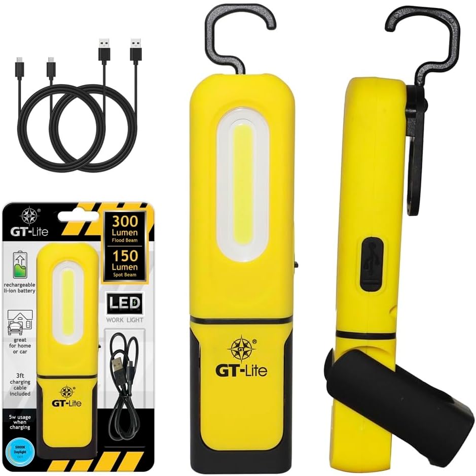 GT-Lite 2 Pack LED Rechargeable Work Light - 600 Lumen Flashlight, 6ft Cable, Hanging Hook, Magnetic Base, Kickstand, 3 Settings: High/Low/Flash, Emergency & Camping Light (2)