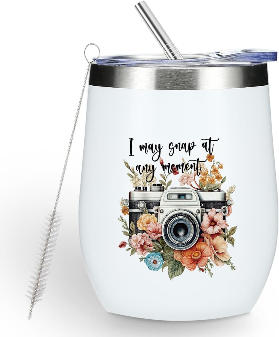 Cute Photographer Gifts Funny 12 oz Tumbler, Wine Tumbler Insulated Wine Glass with Lid, Cool Gifts for Photographers Photography Gift for Women Photo Lovers Coworker Friend Bestie Birthday Christmas