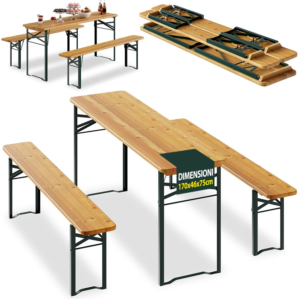 BAKAJI Set 3 Pezzi Birreria con Tavolo Pieghevole e Panche da Esterno, Struttura in Acciaio Comoda, Seduta Ergonomica e Resistente, Ideale per Giardino, Bar, Campeggio, Sagra (170 cm)
