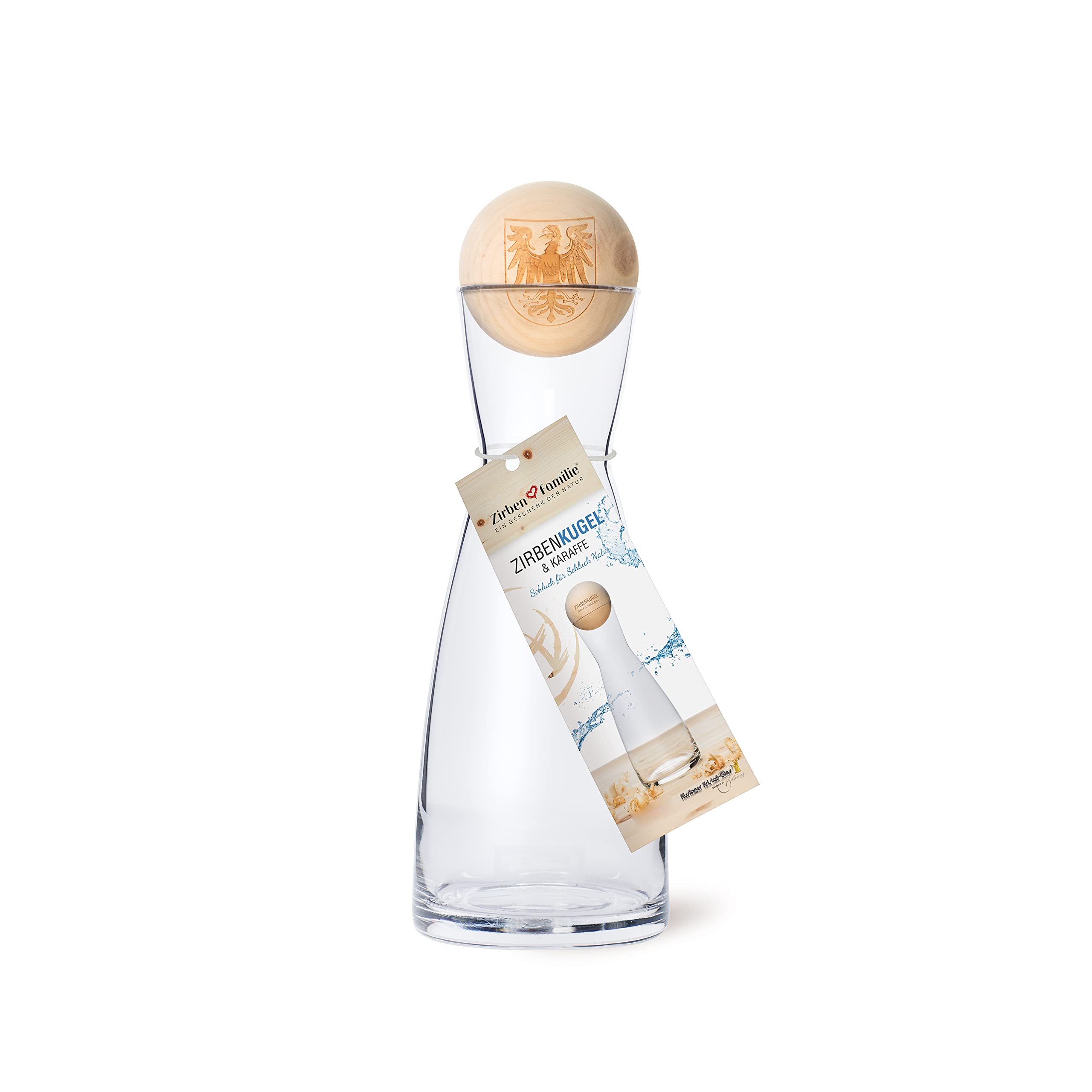 Zirben Familie® Il set originale di palline di pino cembro con caraffa per acqua | dona all'acqua un tocco speciale | 1 litro di caraffa in vetro di cristallo con coperchio in legno di cembro |
