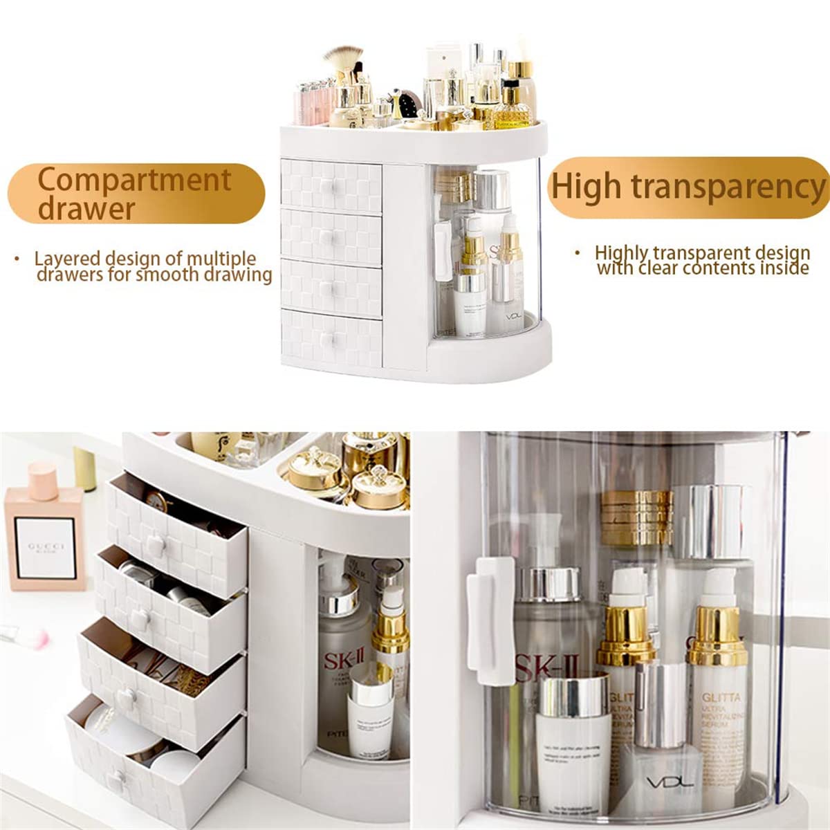 Organizador de Maquillaje Cajas de exhibición de Almacenamiento de cosméticos Estante Moderno para Productos de Cuidado de la Piel y joyería con 3 cajones,Almacenamiento de cosméticos para tocador,