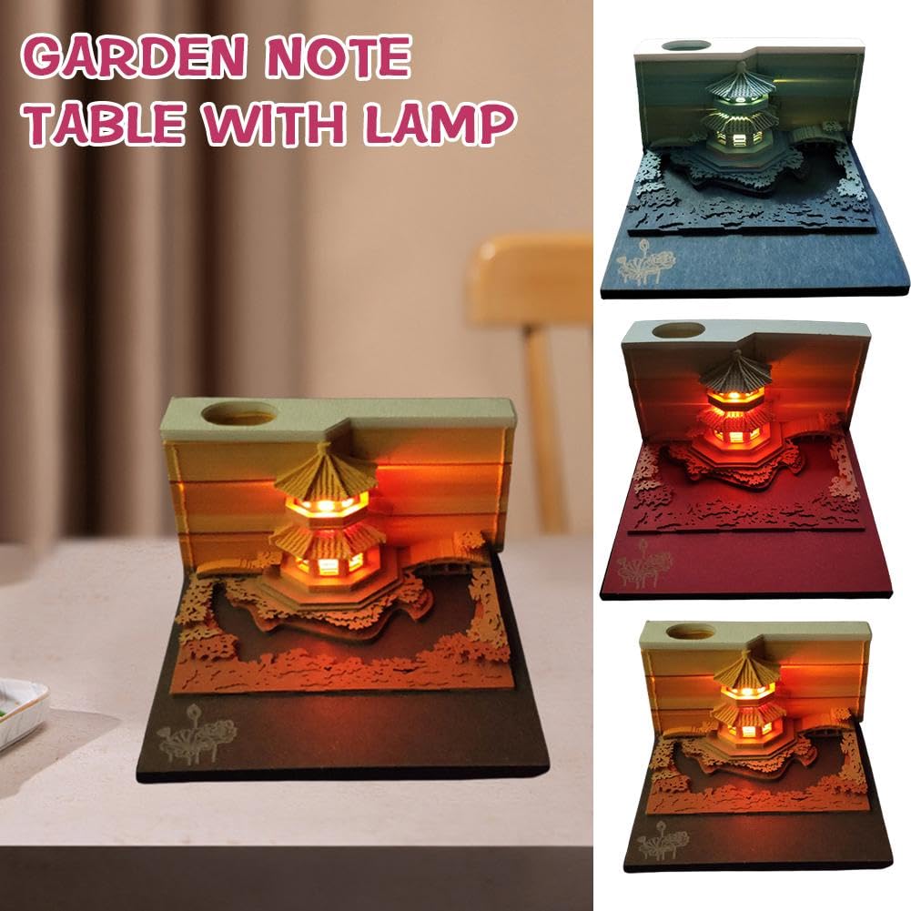3D-Notizblock mit Licht, 3D-Papierschnitzerei, Gartenpavillon, geschnitzter Notizblock mit Lichtern, Büro-Schreibtisch-Ornament, zum Abreißen, Papierbasteln, Gartenpavillon, für Zuhause, Büro,