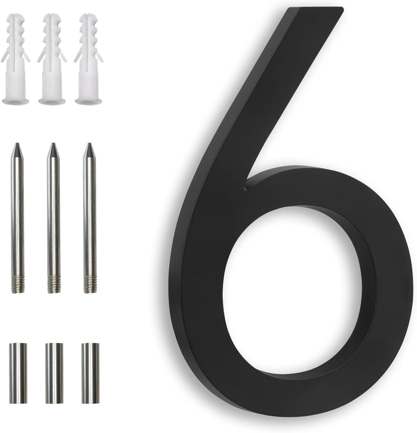 7 Inch Black House Number 6 for Outside, Modern Floating Aluminum Address Number, Weatherproof Metal Numbers for House, Large, Easy to Install, Contemporary Outdoor Home Sign