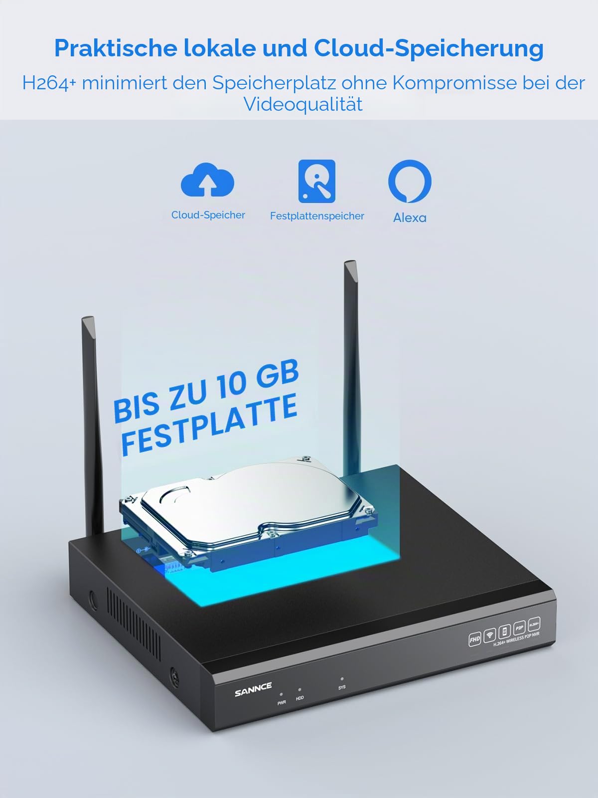 SANNCE Überwachungskamera Set mit 4 X 5MP, 10CH NVR Kabellose Überwachungskamera, AI Human Detection, IP66 Wasserdicht, Unterstützt Alexa, Zwei-Weg-Audio