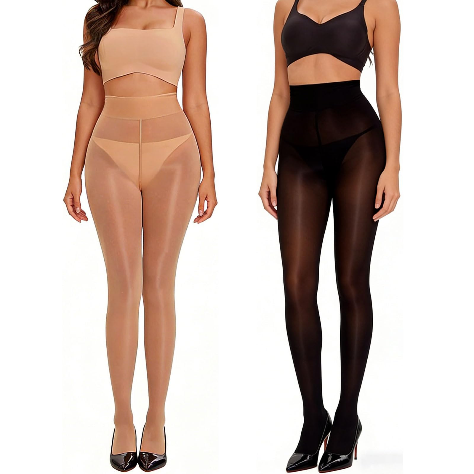 InfiniZer 2 Pairs Women's Oily Shiny Tights High Waist Glossy Sheer Tights Pantyhose 8 Denier