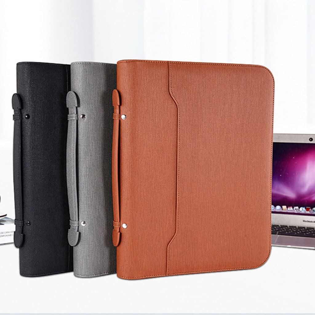 IBOWZ Cartella per Documenti in Pelle A4 Portafoglio con Cerniera Organizzatore a 4 Anelli Cartella in Pelle PU Padfolio Presentazione Calcolatrice per portafoto Portapenne Raccoglitori
