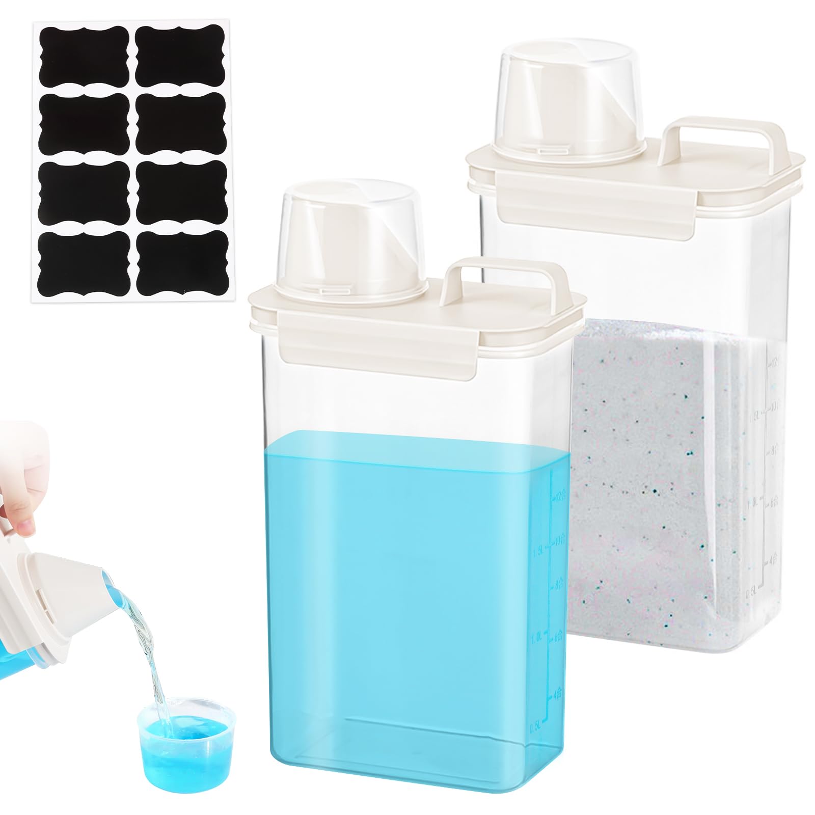 Laundry Detergent Storage 2 Pieces, 2500 ml Washing Powder Storage Box with Measuring Cup, Airtight Washing Powder Dispenser, Detergent Box for Detergent, Laundry Gel Beads and Cereals