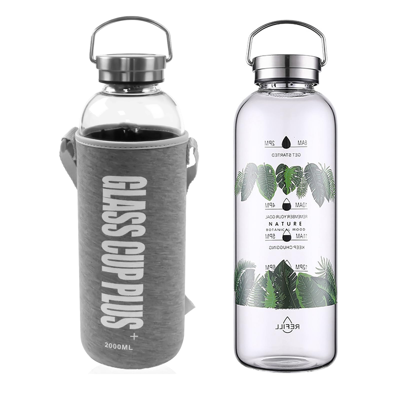 Botella de agua grande de vidrio de 2 litros con marcas motivacionales de ingesta diaria de agua, botella de bebida, botellas de vidrio de boca ancha reutilizables de 64 onzas con funda de asa