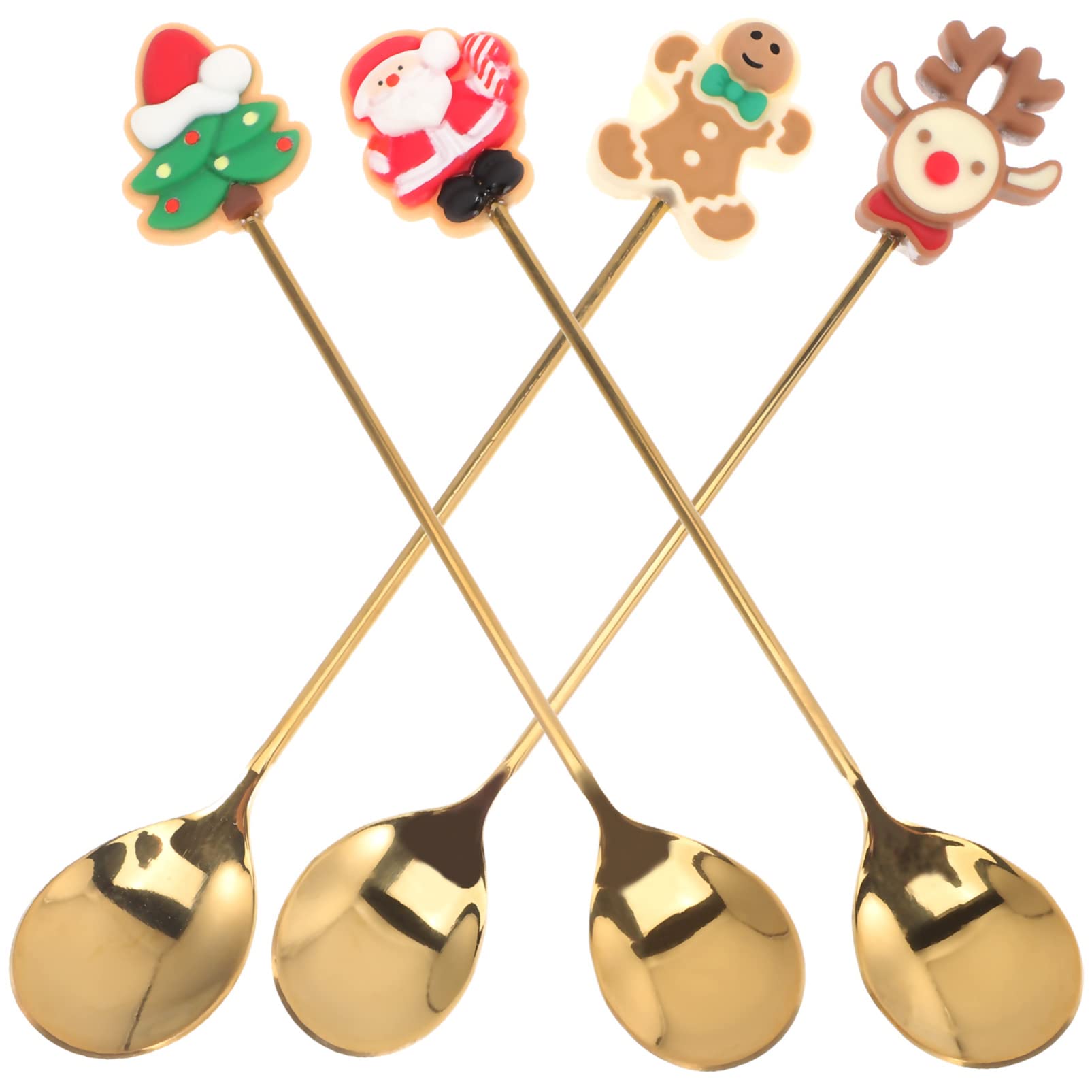 4pcs Christmas Coffee Spoon Set Ice Cream Soup Stainless Steel Stirring Spoon Sugar Dessert Teaspoons Mixing Stirrer Kitchen Tableware Soup Spoon for Xmas Party Table Decorations Gold