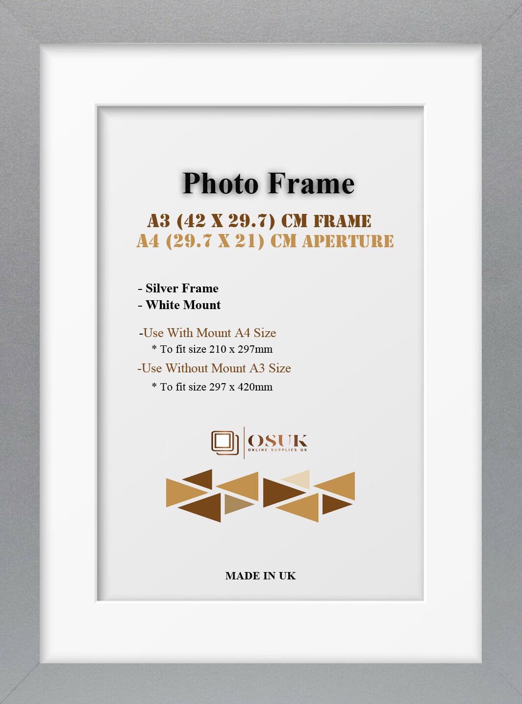 OSUK A3 Silver Photo Frame With A4 White Mount - Poster Frame With White Mount Clear Perspex Front & Wall Hanging Hooks - 29.7 x 42 cm Picture Frame With 21 x 29.7 cm Mount